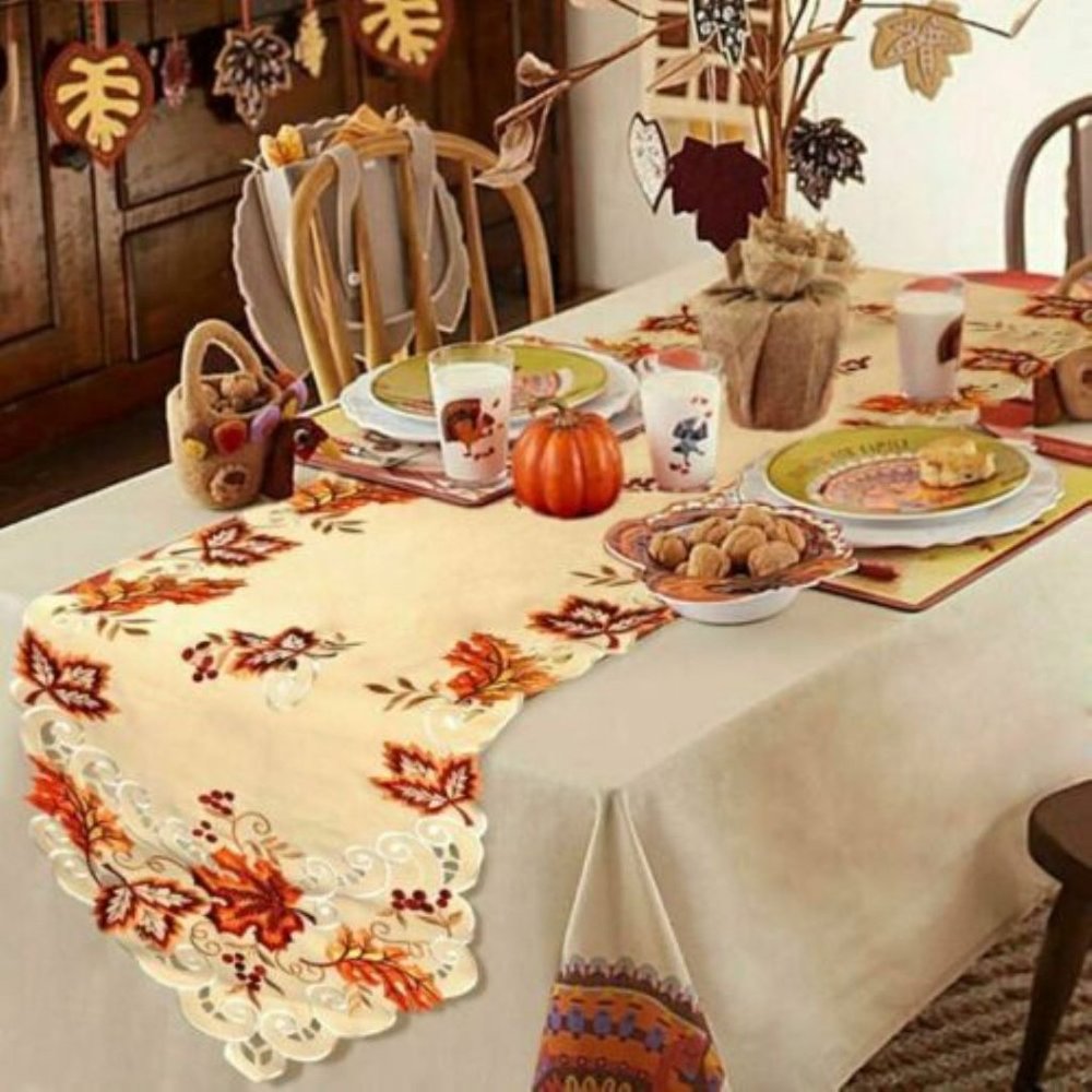 Embroidered Fall Maple Leaves Table Runner 67" Long - Picture 2 of 3